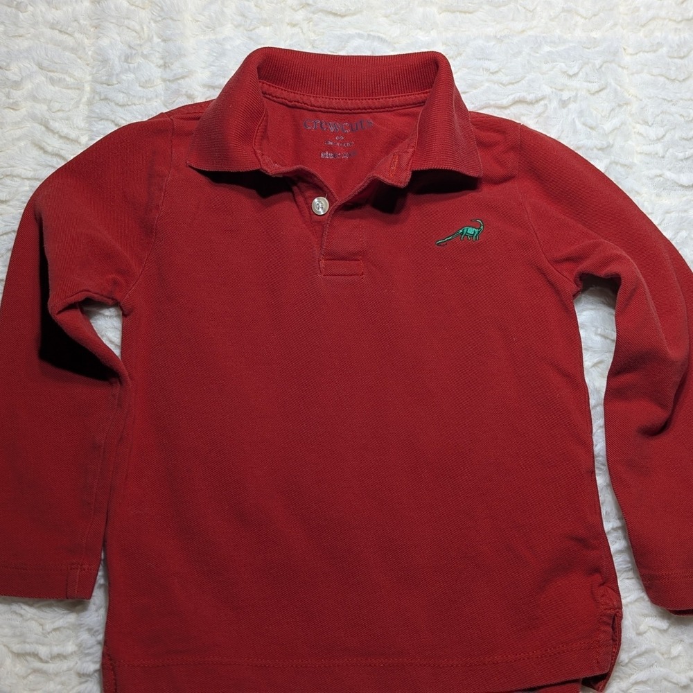 Crewcuts Boys Red Long Sleeve Polo Dinosaur Logo XXS (2–3)‎